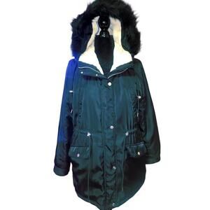 Black Altard State Women's Large Parka With Fuzzy Tan Interior and Faux Fur Hood